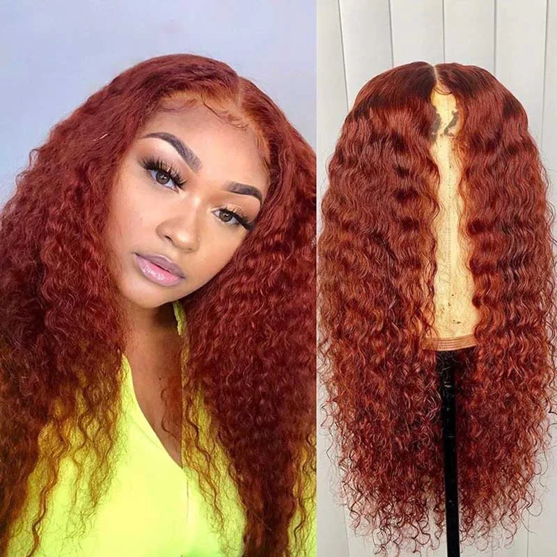 Colored wig with a red - orange hue for a warm and energetic lookGinger Orange Water Wave Lace Front Wig Pre Plucked