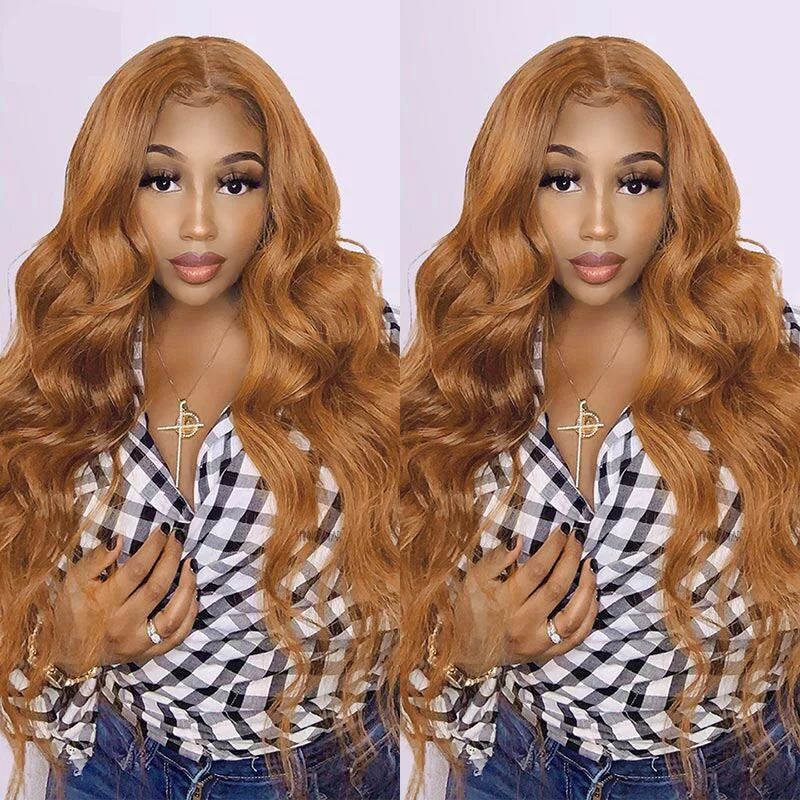 Colored wig with a pre - bleached knot for a natural - looking scalpGinger Wigs Brown Colored Human Hair Wigs For Women Body Wave 13X4 Lace Frontal Wigs