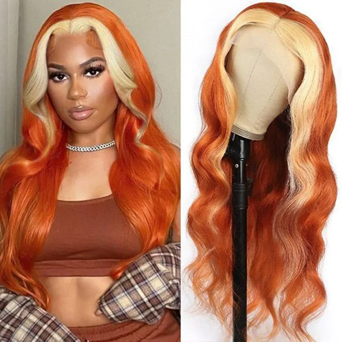 Human - hair wig with a pre - bleached knot for a natural - looking scalpGinger With Blonde Skunk Stripe 13x4 4x4 Lace Front Wigs Body Wave Human Hair Wigs