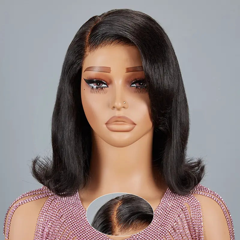 Lace wig with a wispy fringe for a soft and feminine look7x5 13x4 Glueless Cute Bob Layered Cut Wig Wear Go Wavy Human Hair