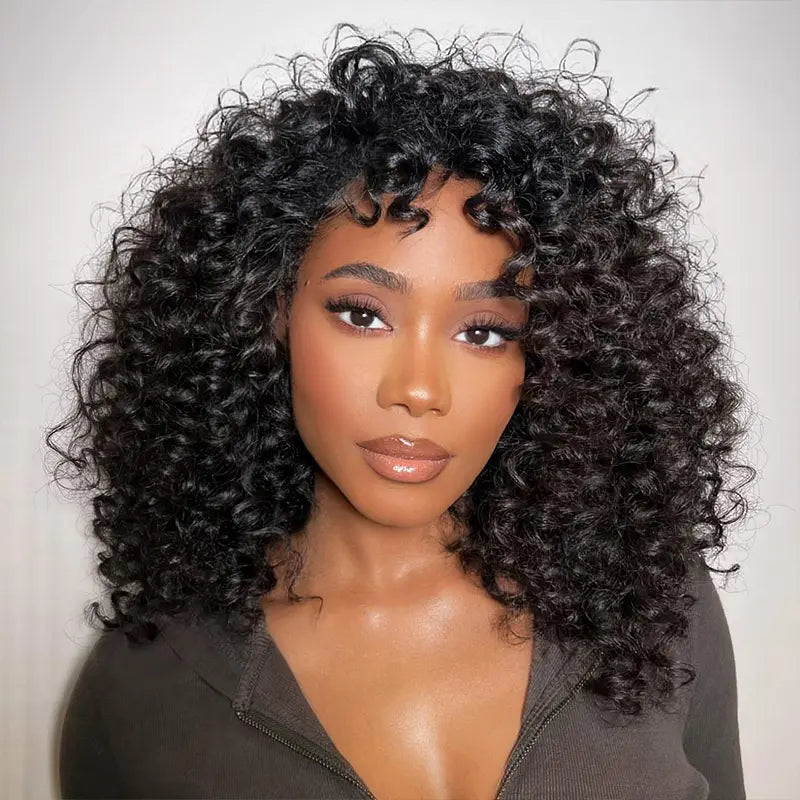 Human - hair lace wig for a luxurious and natural feelGlueless Bob Wig With Bouncy Bangs Water Curly Textured Human Hair