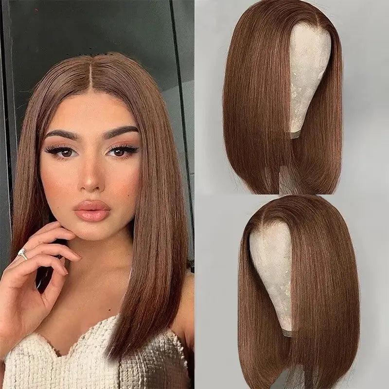 Human - hair lace wig for a luxurious and natural feel7x5 Chocolate Brown Colored Glueless Bob Wig Wear Go Straight Human Hair