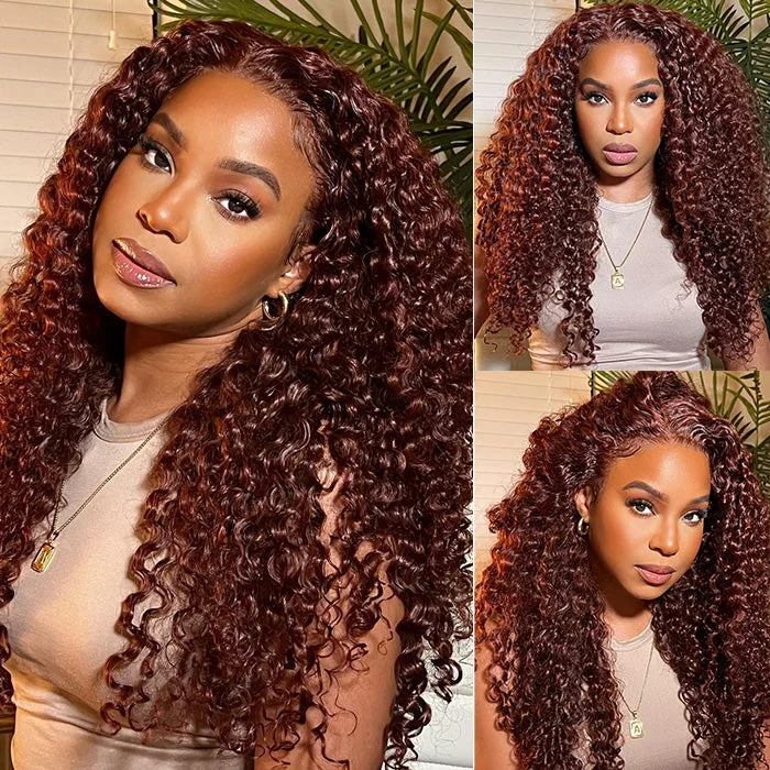 Synthetic colored wig with a heat - resistant formula for easy stylingGlueless HD Lace Curly Hair Wig #33 Reddish Brown Color 13x4 Lace Front Human Hair Wigs Natural Pre-Plucked