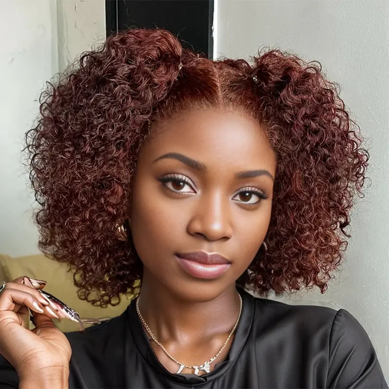 Lace wig with a platinum - blonde color for a bold and trendy look7x5 Glueless Dark Reddish Brown Bob Wig Wear Go Curly Wave Human Hair