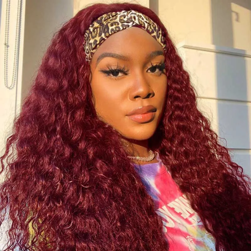 Colored wig with a curly texture for a bold and stylish choiceGlueless Headband Wigs Deep Wave Human Hair Wigs For Beginners 180% Density Wigs