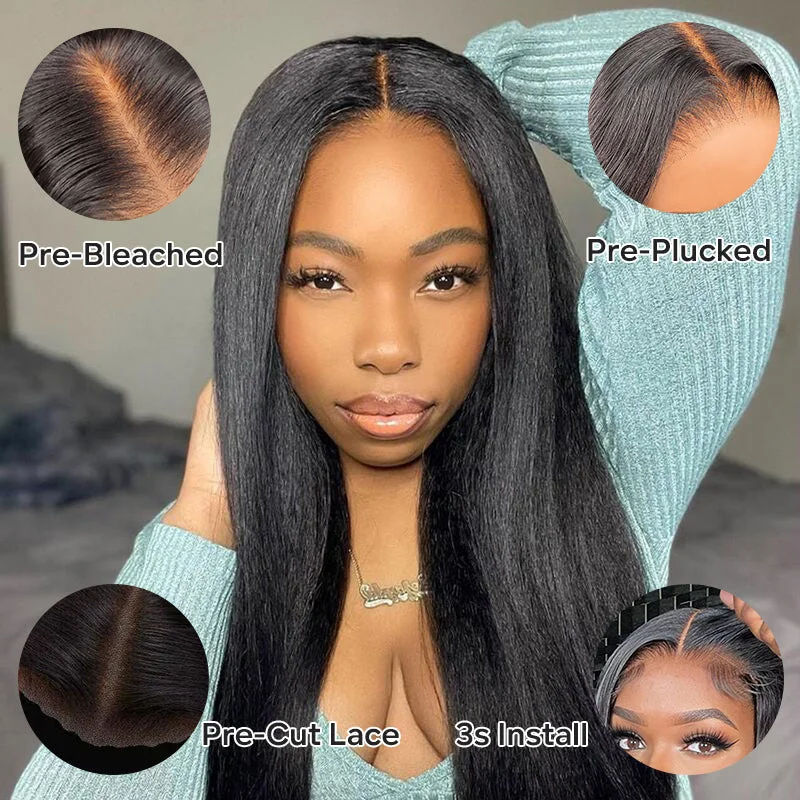 Human - hair wig with a pre - plucked hairline for a more natural lookWear & Go | Pre-Bleached Yaki Straight Glueless Invisible Lace Wig Dome Cap Wigs