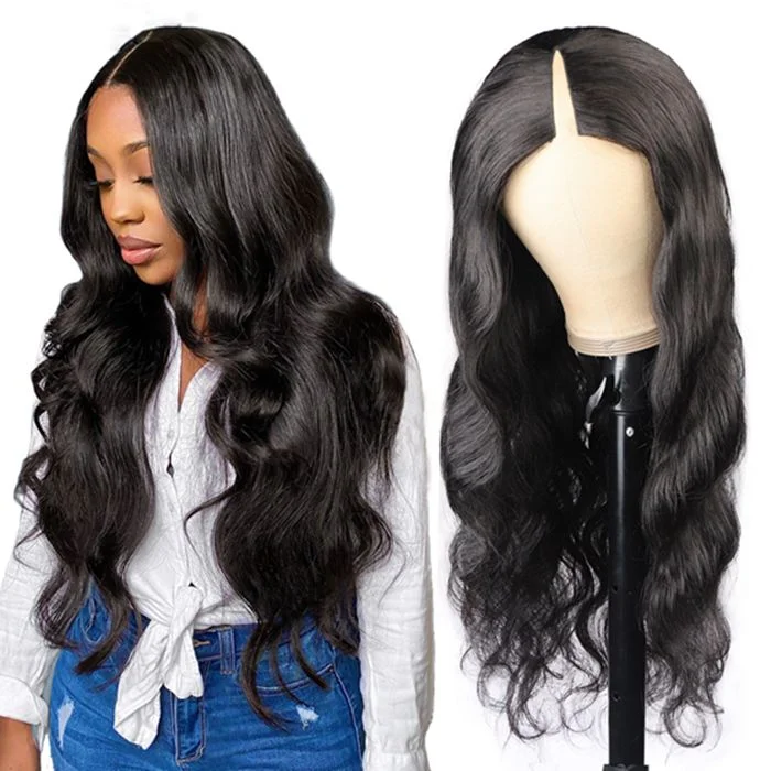 Human - hair wig with a wavy texture for a beachy and relaxed lookGlueless V Part Wig Body Wave Human Hair Wigs Beginner Friendly