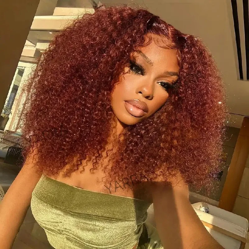 Colored wig with a curly texture for a bold and stylish choiceHot Star 180% Density 13x6 HD Transparent Lace Front 6x4 Glueless Curly Human Hair Wigs 33# Auburn Reddish Brown Colored Wigs