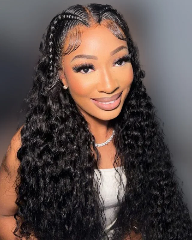 Human - hair lace wig for a luxurious and natural feelHalo Braided Wig Water Wave Lace Front Pre Style Wig 13x4 Pre Cut Lace Human Hair