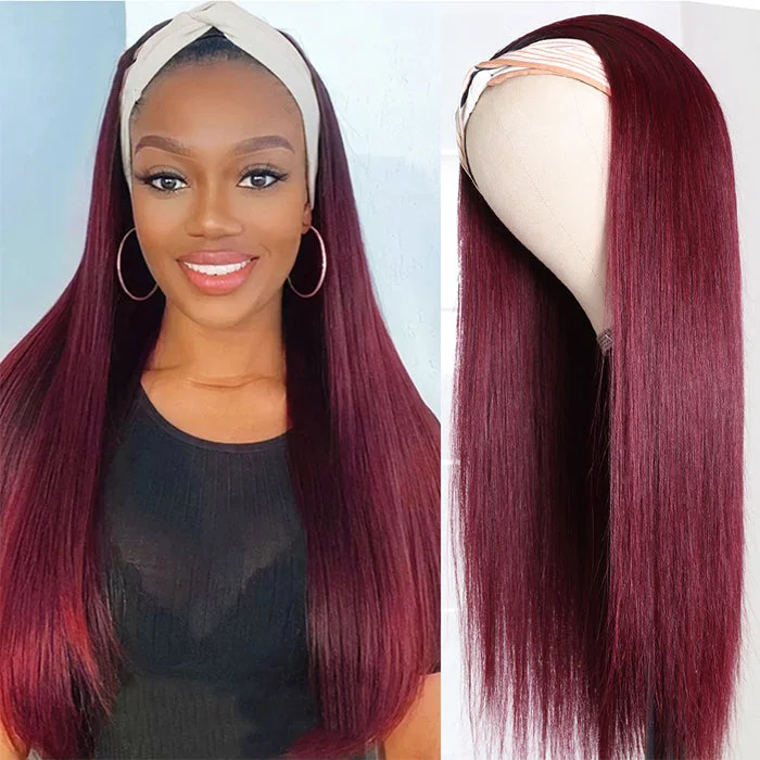 Human - hair wig with a silk - base cap for a comfortable and smooth feelHeadband Wig Human Hair 99J Burgundy Red Wig Straight Human Hair Wigs for Women