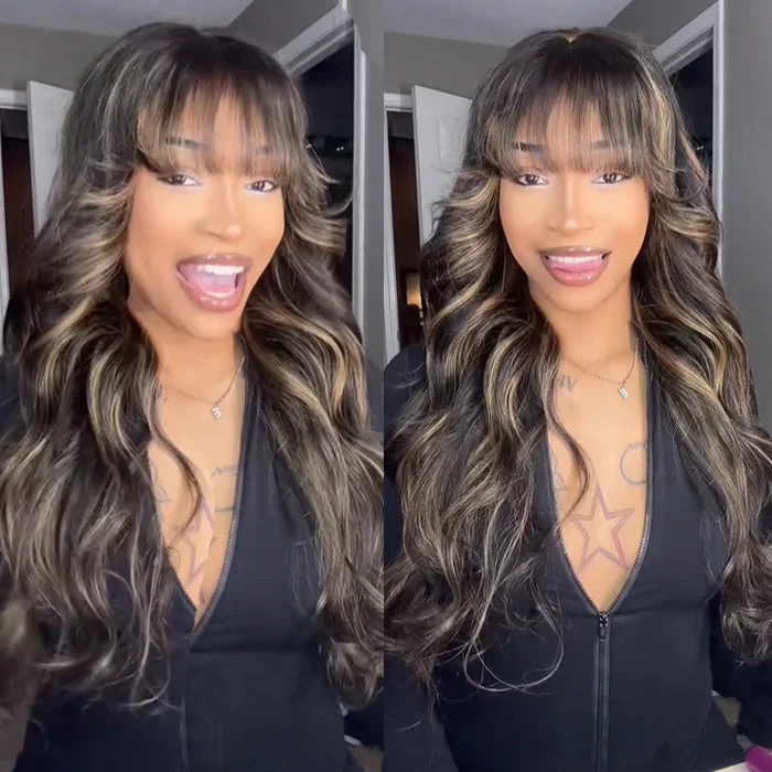 Colored wig with a wispy fringe for a soft and feminine lookHighlight Honey Blonde Wig With Bangs Ombre Brown Human Hair 4x4/13x4 HD Lace Front Wigs Beginner Friendly