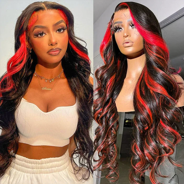 Human - hair wig with a 180 - density for a full and thick appearanceHighlight Human Hair 13x4 Black Red Colored Lace Front Human Hair Wigs Body Wave Transparent Lace Wigs for Women