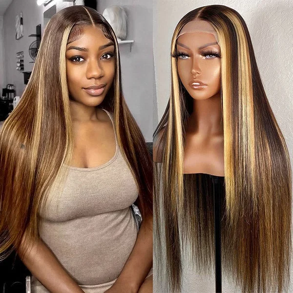 Peruvian - human - hair wig with a soft and manageable feel32 inch Balayage Highlight Hair 13x4 Frontal Lace Wigs Straight Pre Plucked Human Hair Wigs