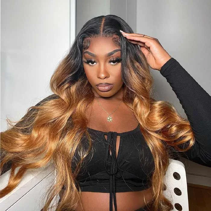 Human - hair wig with a side - swept bang for a sophisticated lookHighlight Ombre T1B/27 Honey Blonde Body Wave Lace Front Wig For Women