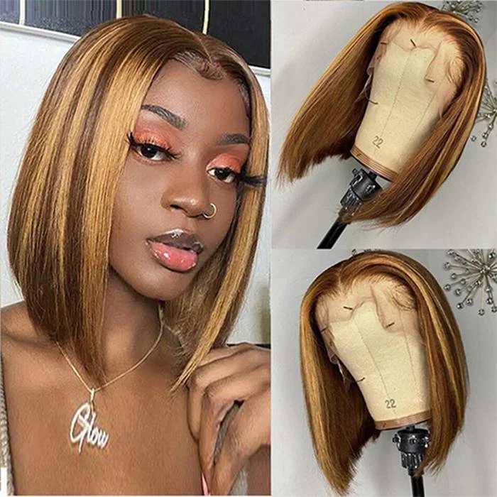 Human - hair wig with a silk - base cap for a comfortable and smooth feelHighlight P4/27 Colored Straight Hair For Women Brazilian Virgin Short Bob Wigs