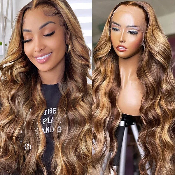 Human - hair wig with a side - part for a more flattering appearance32 Inch Balayage Highlight Wigs Body Wave Colored Wigs 13x4 Frontal Lace Wigs