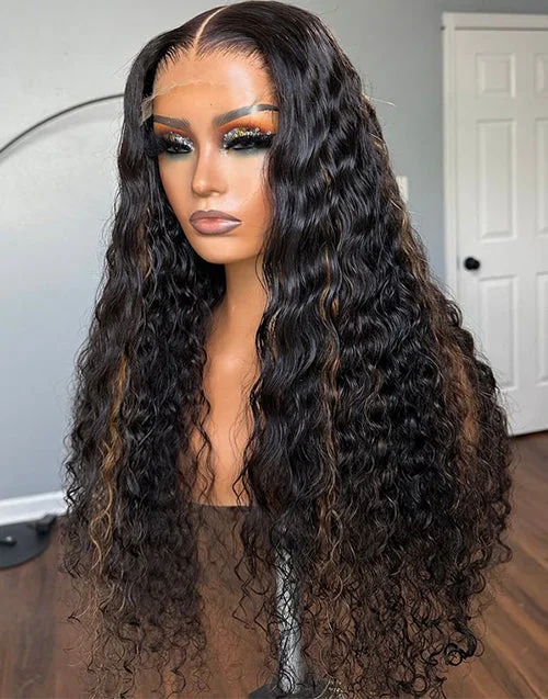 Lace wig with a pre - plucked hairline for a more natural lookHighlights Brown With Black Hair Water Curl Lace Frontal Human Hair Glueless Wigs Pre Cut Lace