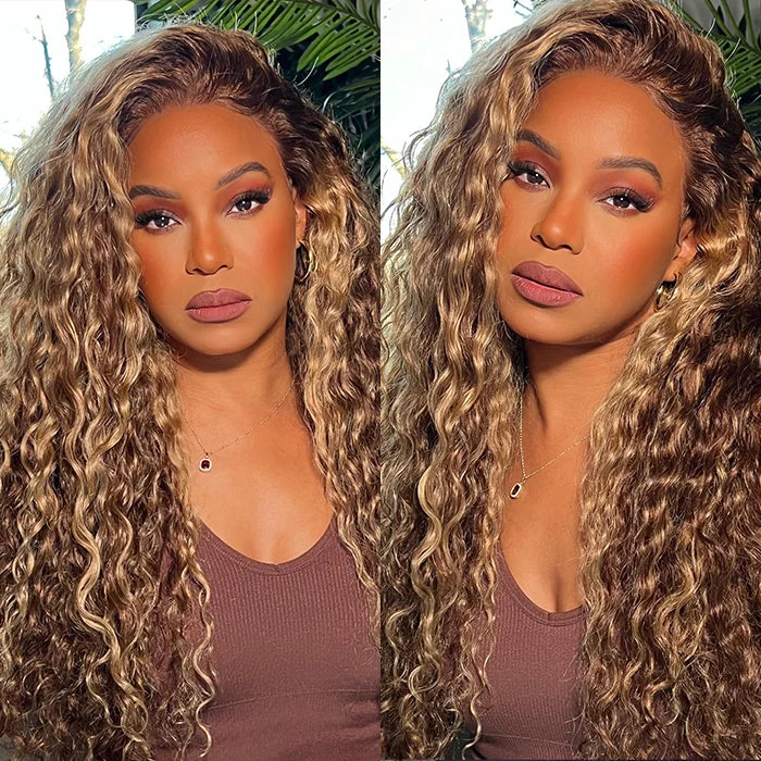 Colored wig with a middle - part for a classic and elegant styleHoney Blonde Highlight Water Wave Wig 13x4 13x6 Lace Front Wig Colored Human Hair Lace Wig