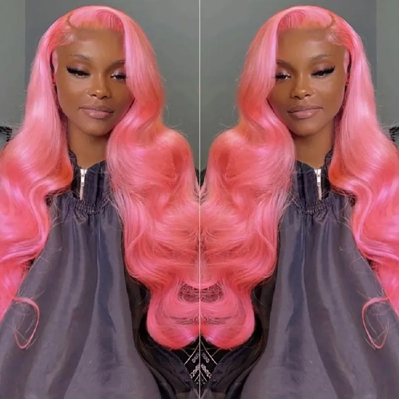 Colored wig with a natural - looking root for a more realistic lookHot Star 210% Density Customized Colored Pink Wigs Human Hair HD Transparent 13x4 13x6 Lace Front Wigs Brazilian Body Wave