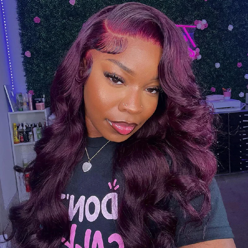 Colored wig with a wispy fringe for a soft and feminine lookHot Star 180% Density Dark Purple Colored 5x5 13x6 Lace Front Closure Wig 4x6 Glueless Ready To Go Human Hair Wig