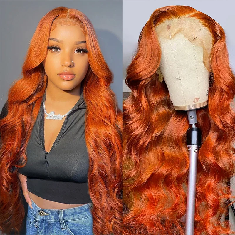 Colored wig in a vibrant pink color for a bold and eye - catching lookHot Star Ginger Orange Colored 5x5 13x6 Lace Front Closure Wig 6x4 Glueless Ready To Wear Human Hair Wig