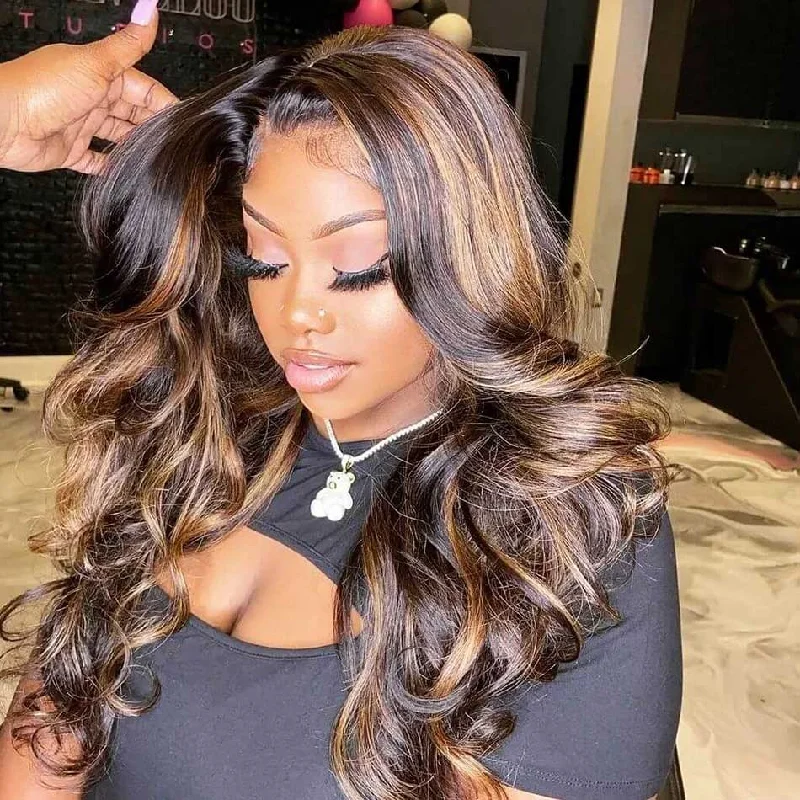 Colored wig with a pre - plucked hairline for a more natural lookHot Star 1B/30# Highlight Blonde Colored 5x5 13x6 Lace Front Closure Wig 4x6 Glueless Ready To Go Human Hair Wigs Body Wave