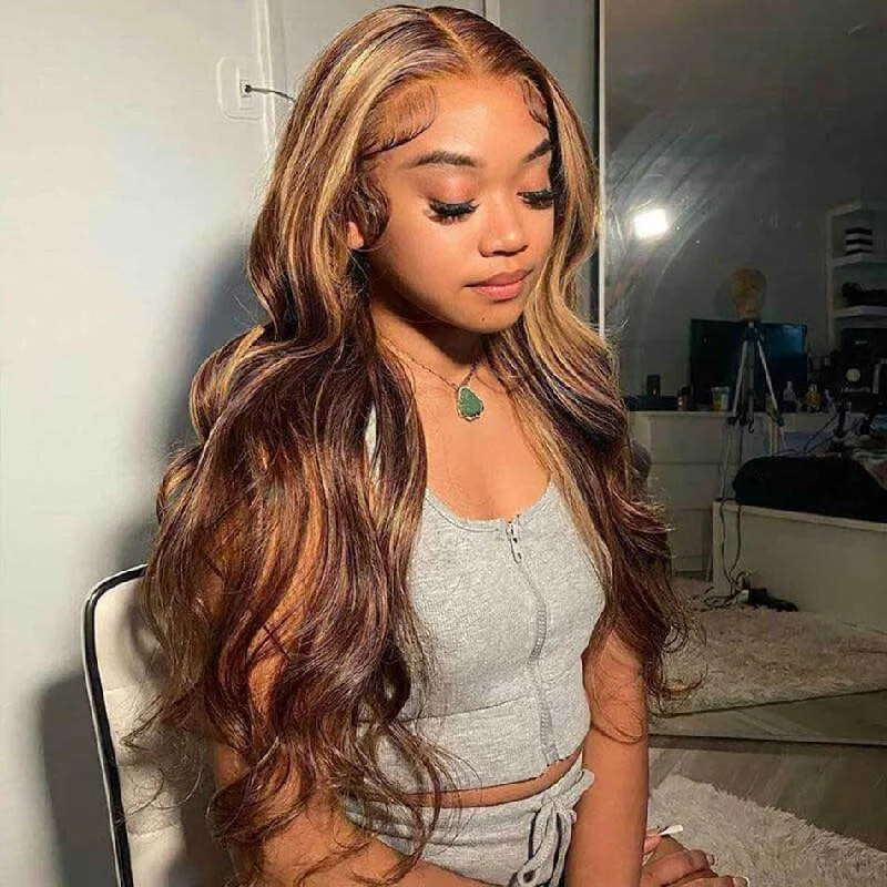 Colored wig with a wispy fringe for a soft and feminine lookHot Star 4/27# Highlight Colored 13x6 HD Transparent Lace Front Human Hair Wigs Brazilian Body Wave