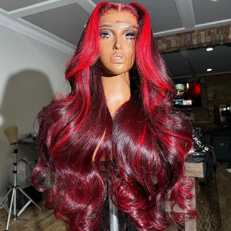 Colored wig with a purple - violet shade for a regal and elegant lookHot Star Highlight Burgundy With Red Colored 5x5 13x6 Lace Front Closure Wig 6x4 Glueless Ready To Go Human Hair Wigs