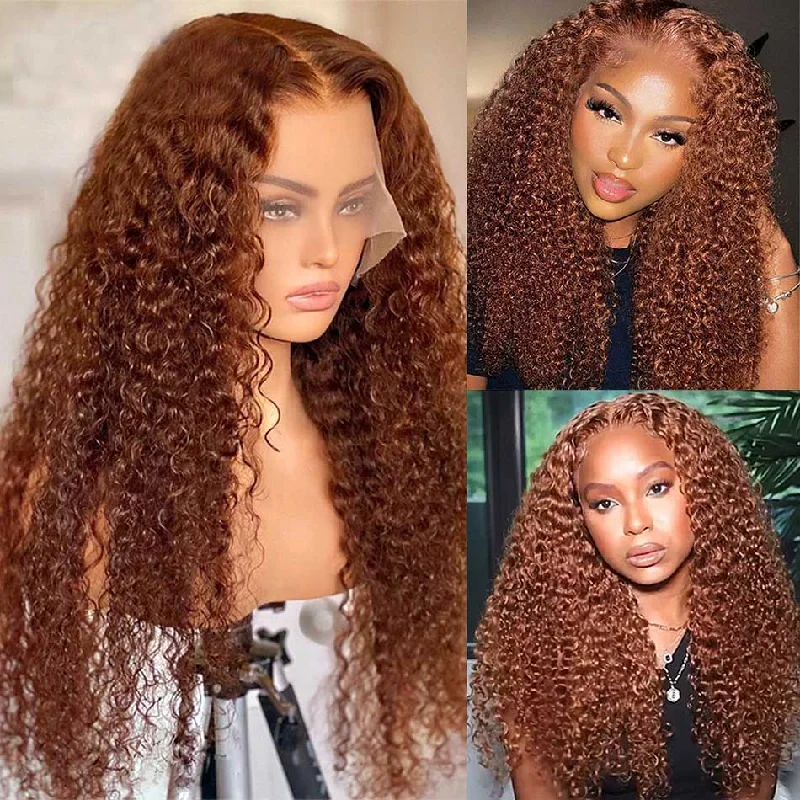 Colored wig with a wispy fringe for a soft and feminine lookHot Star Ginger Brown Colored 5x5 13x6 Lace Front Closure Wig Curly Glueless 4x6 Ready To Go Human Hair Wigs