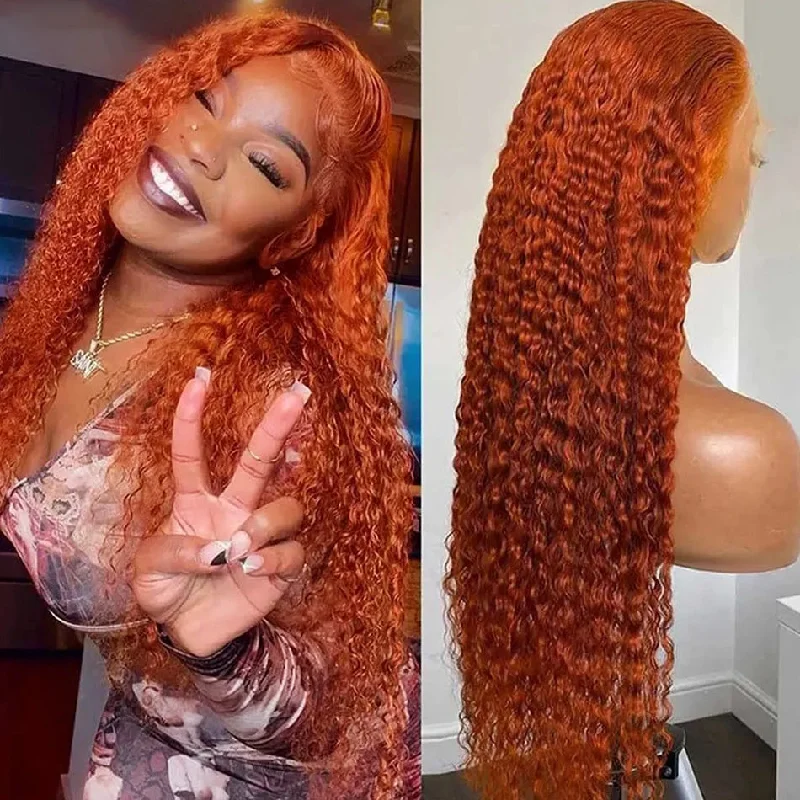 Colored wig with a curly texture for a bold and stylish choiceHot Star Ginger Orange Colored 5x5 13x6 Lace Front Closure Wig Curly 6x4 Glueless Ready To Go Human Hair Wigs