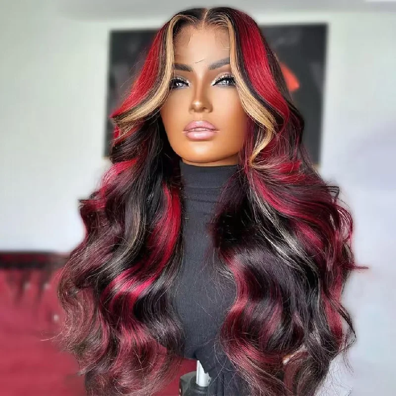 Colored wig with a wispy fringe for a soft and feminine lookHot Star Highlight Honey Blonde With Red Colored 5x5 13x6 Lace Front Closure Wig 4x6 Ready To Go Human Hair Wigs Brazilian Body Wave