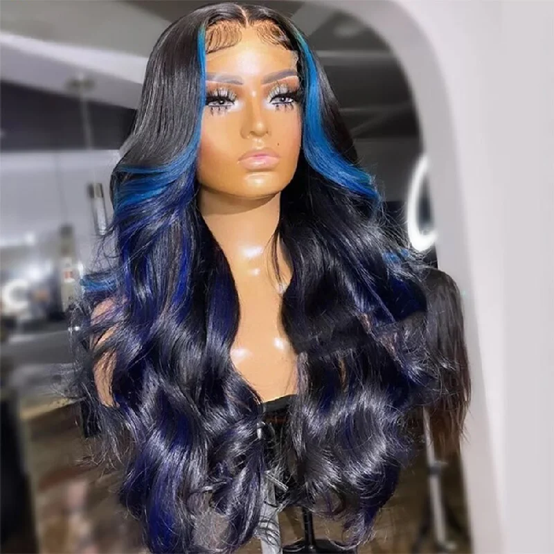 Colored wig with a silk - base cap for a comfortable and smooth feelHot Star Hightlight Black With Blue 4x6 Glueless Lace Closure Ready To Go Wig 5x5 13x6 Lace Front Human Hair Wig