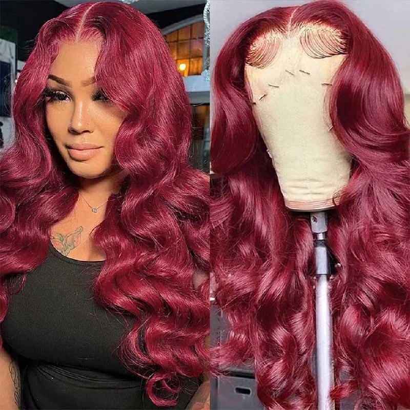 Adjustable - cap colored wig for a comfortable fitHot Star Reddish Burgundy Colored 5x5 13x6 Lace Front Closure Wig 6x4 Glueless Ready To Wear Human Hair Wigs Body Wave