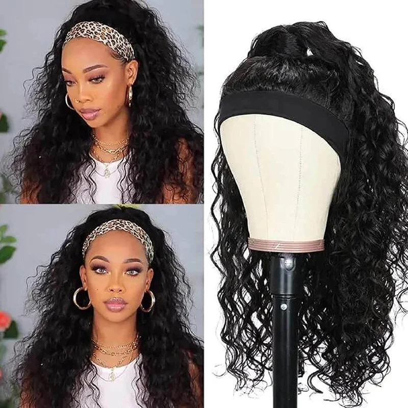 Human - hair wig with a natural - looking root for a more realistic lookHuman Hair Headband Wigs Water Wave Glueless Wigs 10A Grade 180% Density Curly Wigs