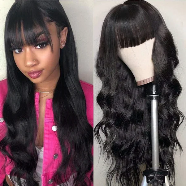 Human - hair wig with a side - swept bang for a sophisticated lookIshow Beauty New Arrival Machine Made without Lace Wig With Bangs 100% Human Hair Wigs