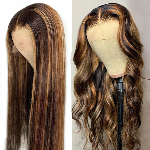 Human - hair wig with a pre - bleached knot for a natural - looking scalpIshow Honey Blonde Human Hair Wigs P4/27 Highlight Wigs Straight and Body Wave Glueless Wig