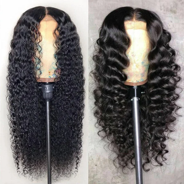 Human - hair wig in a jet - black color for a classic and timeless lookLoose Deep Wave Wig 4x4 Lace Closure Wig Kinky Curly Human Hair Lace Wigs