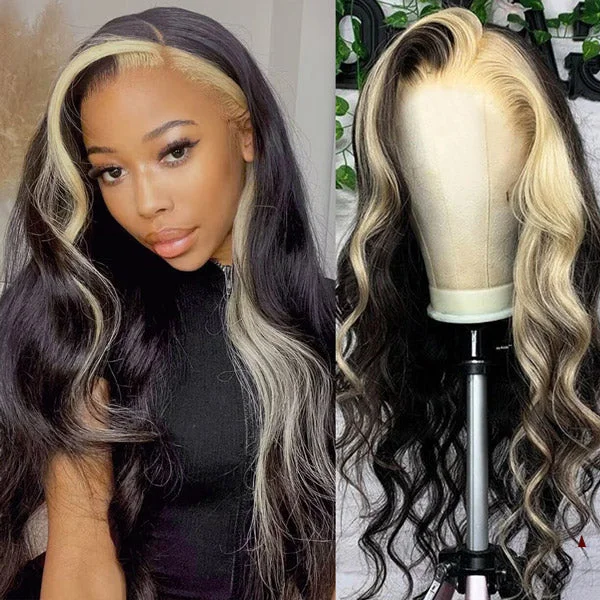 Adjustable - cap human - hair wig for a comfortable fitIshow PPB™ Invisible Knots Blonde Skunk Stripe Body Wave Glueless Lace Frontal Wig Ready To Wear Wigs