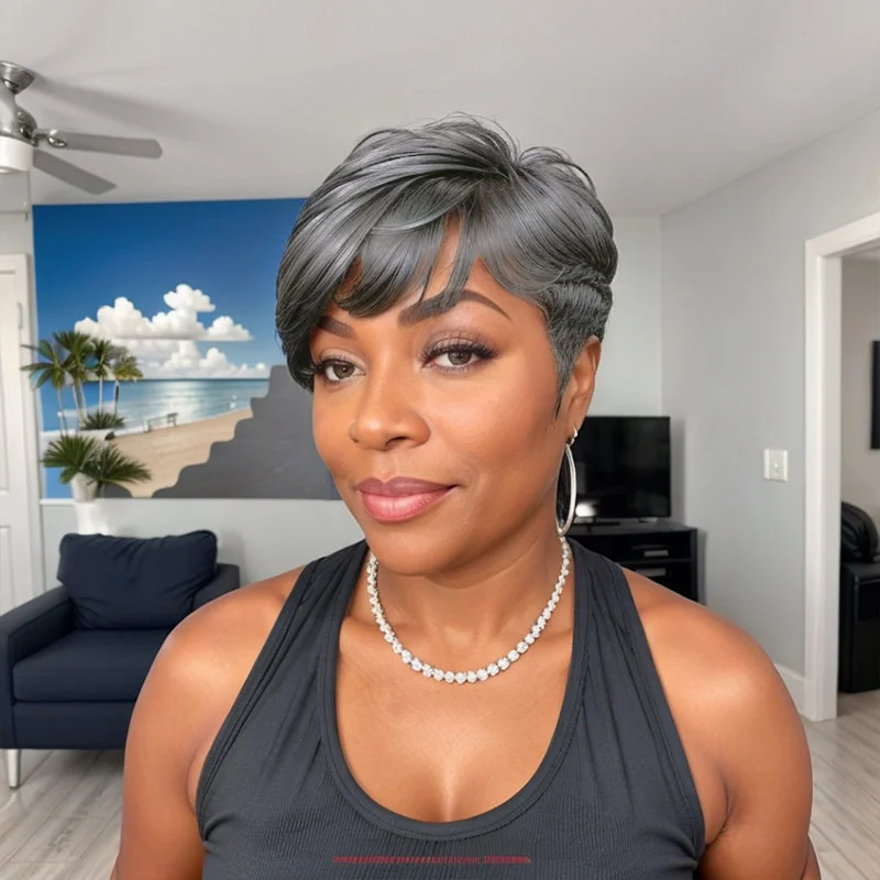 Colored wig with a wavy texture for a beachy and fun lookKayla Unit |  Salt And Pepper Pixie Short Cut Glueless Human Hair Wig With Bangs Tapered Sides