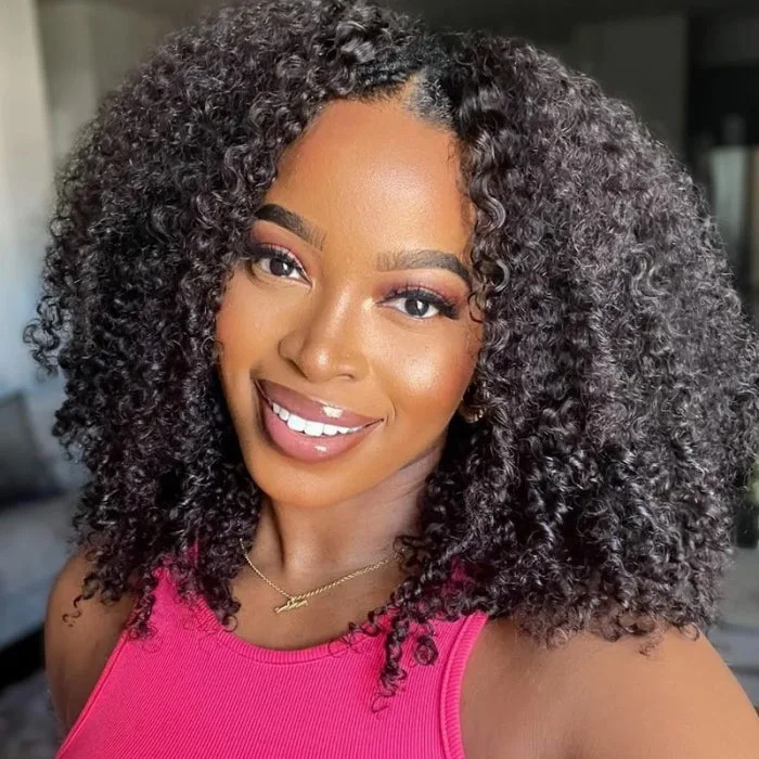 Human - hair wig with a wispy fringe for a soft and feminine lookKinky Curly V/U Part Bob Wig Beginner Friendly No Gel NO Glue