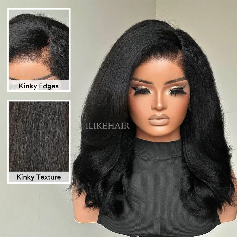 Lace wig with a wispy fringe for a soft and feminine lookSide Part Wavy With Kinky Edges 13x4 Lace Front Wig