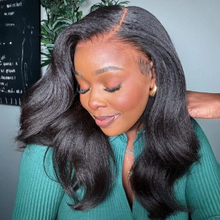 Lace wig with a straight texture for a sleek and minimalist lookKinky Straight Side Part Glueless Invisible Lace Front Wigs