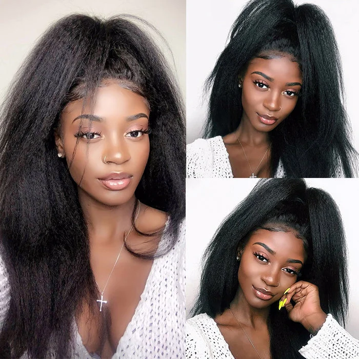 Human - hair wig with a pre - plucked hairline for a more natural lookKinky Straight Wigs 13x6 Lace Front Wig Yaki Human Hair Wigs Natural Black Wigs