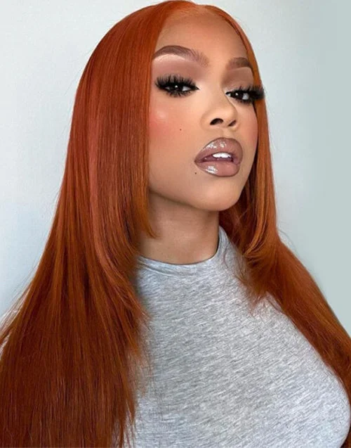 Adjustable - cap lace wig for a comfortable fitLayered Cut Ginger Wigs Burnt Orange Straight Hair 13x5 Pre Everything Glueless Wigs