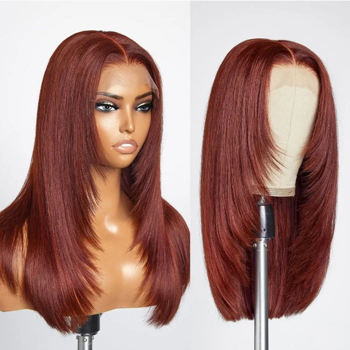 Colored wig with a middle - part for a classic and elegant styleLayered Cut Reddish Brown Glueless 13x4 13x6 Undetectable HD Lace Front 100% Human Hair Wig