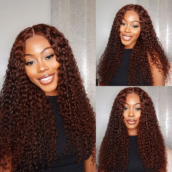 Colored wig with a pre - bleached knot for a natural - looking scalpLemoda 180% Hair Density 7x5 Curly Hair Wig Lace Closure Wig Reddish Brown Glueless Wigs