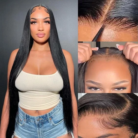 Synthetic colored wig with a heat - resistant formula for easy stylingLemoda Silky Straight 5x5 Gluess wigs Pre-Bleached Knots Transparent Lace Closure Human Hair Wigs for Black Women