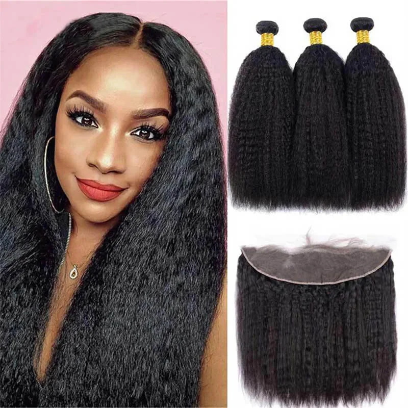 Colored wig with a natural - looking root for a more realistic lookLemoda Kinky Straight 3 Bundles with 13x4 Lace Frontal Transparent human hair