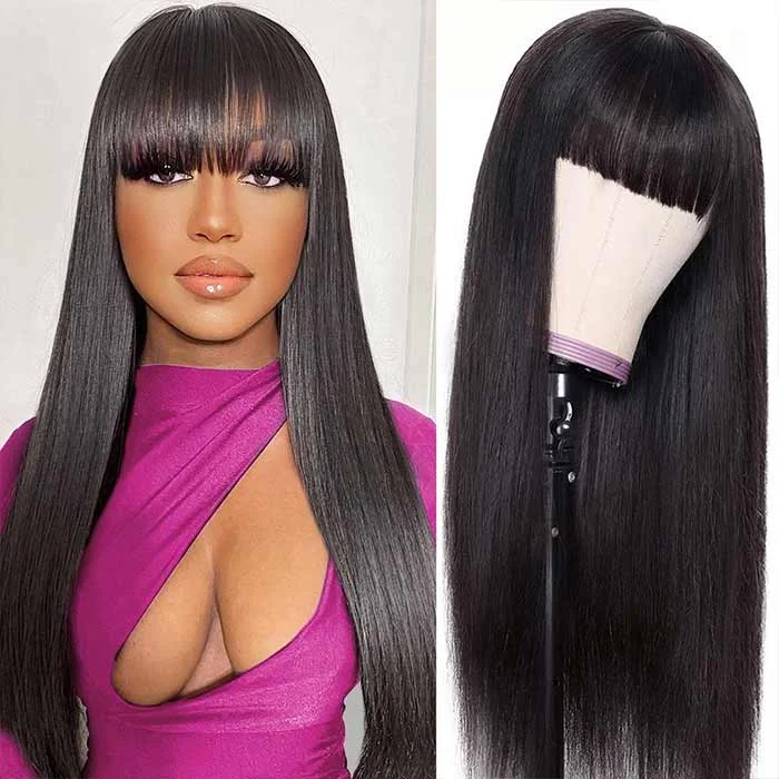 Peruvian - human - hair wig with a soft and manageable feelLong Silky Straight Glueless Wig With Bangs Scalp Friendly