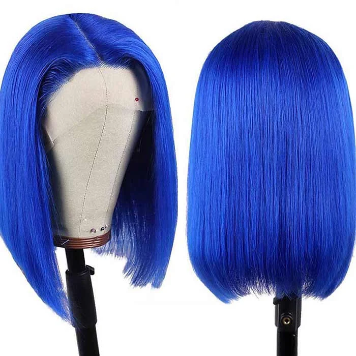 Indian - human - hair wig with a natural - looking shineMandisa Short Blue Straight 13x4 HD Transparent Lace Front Bob Wig